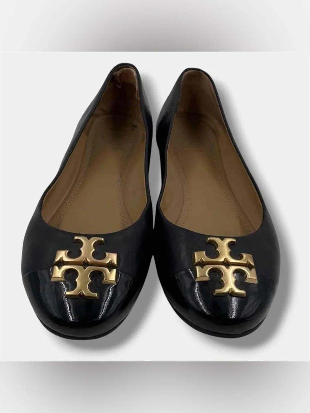 Tory Burch Everly Cap Toe Ballet Flats Leather Logo Bow Shoes Womens Size 5.5M